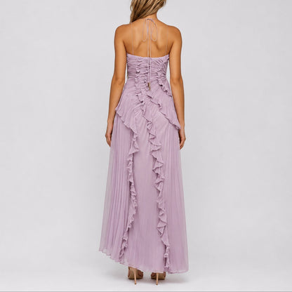 Laura | Damen-Plisseemaxikleid mit Raffungen und Neckholder