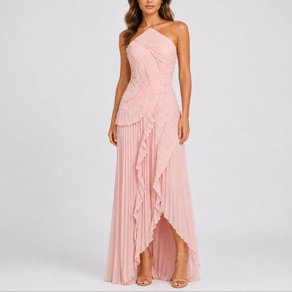 Laura | Damen-Plisseemaxikleid mit Raffungen und Neckholder