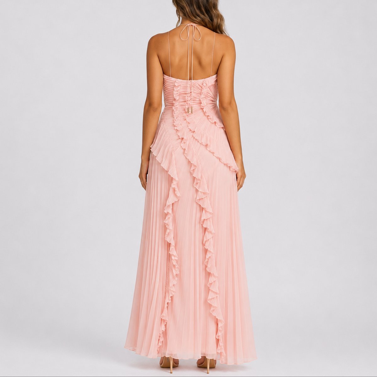 Laura | Damen-Plisseemaxikleid mit Raffungen und Neckholder