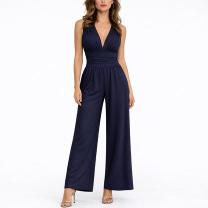 Signe | Ärmelloser Damen-Jumpsuit mit weitem Bein und V-Ausschnitt