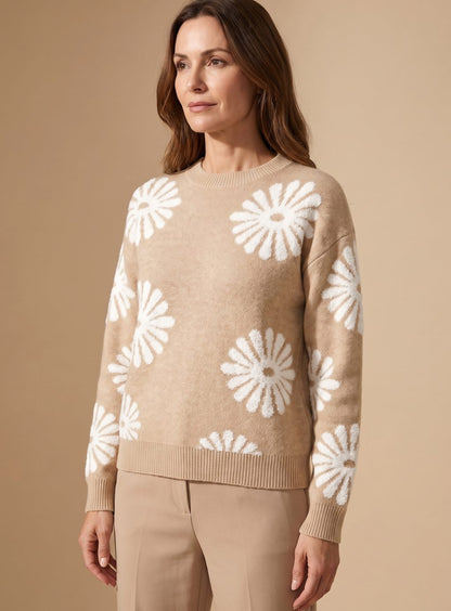 Filippa | Dame striktrøje med blomstermønster og rund hals