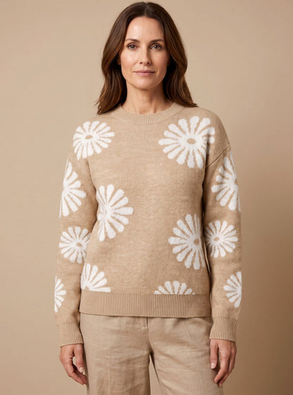 Filippa | Dame striktrøje med blomstermønster og rund hals