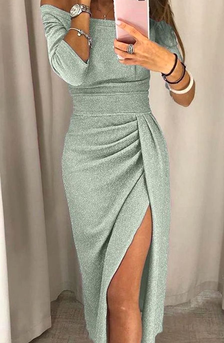 Birthe | Langärmliges Cocktailkleid für Damen mit schulterfreiem Schnitt und Glitzerdetails