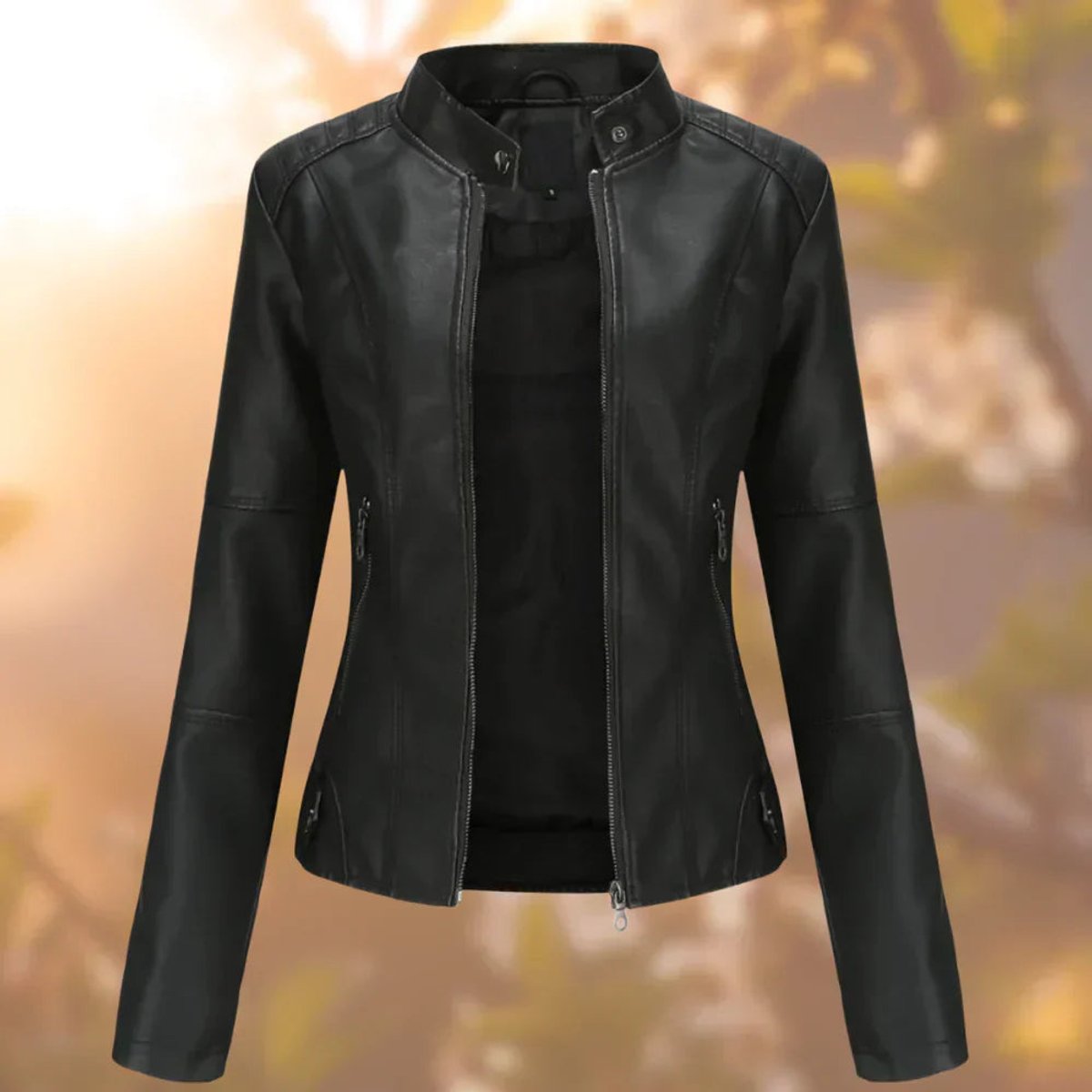 Emma | Damen-Bikerjacke aus Kunstleder mit Reißverschluss und Stehkragen