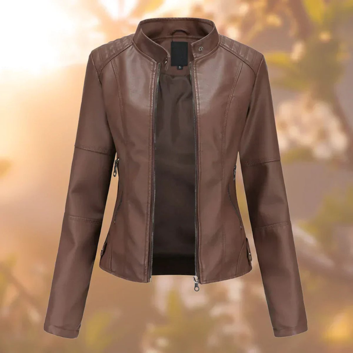 Emma | Damen-Bikerjacke aus Kunstleder mit Reißverschluss und Stehkragen