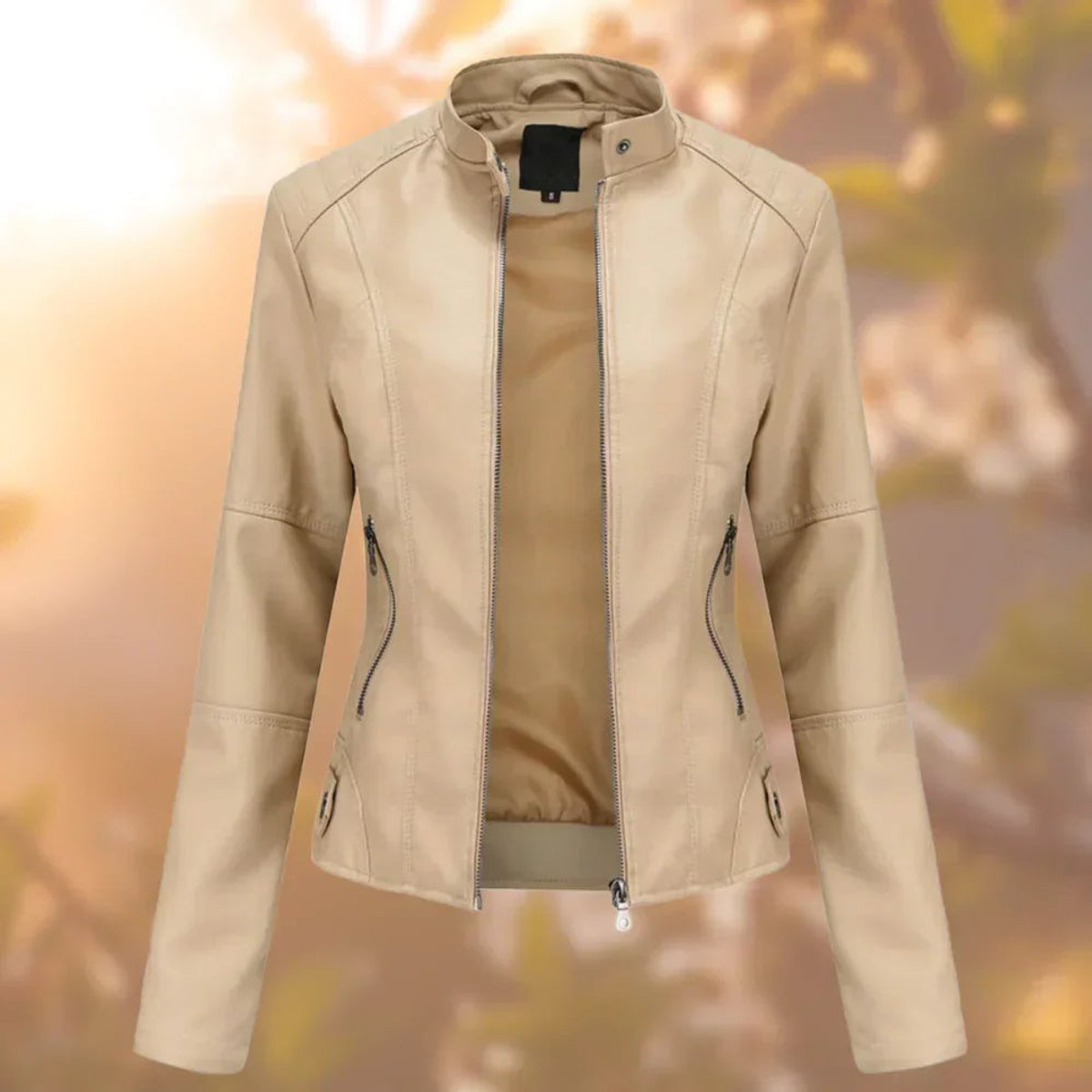 Emma | Damen-Bikerjacke aus Kunstleder mit Reißverschluss und Stehkragen