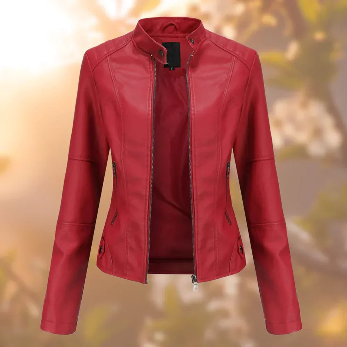 Emma | Damen-Bikerjacke aus Kunstleder mit Reißverschluss und Stehkragen
