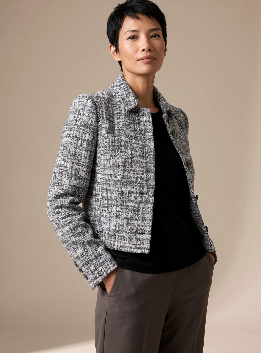Pia | Dame tweed sæt med blazer og vide bukser