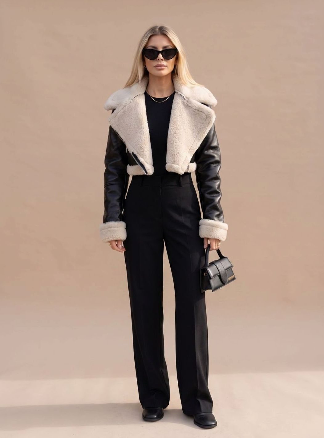 Mathilde | Exklusive Cropped-Bikerjacke für Damen aus Kunstleder mit luxuriösem Teddy-Finish