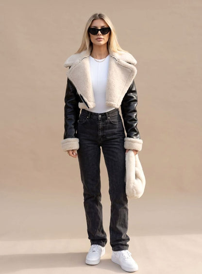 Mathilde | Exklusive Cropped-Bikerjacke für Damen aus Kunstleder mit luxuriösem Teddy-Finish