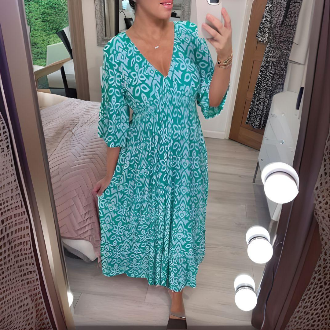 Maren | Dame mønstret boho midikjole med løs pasform