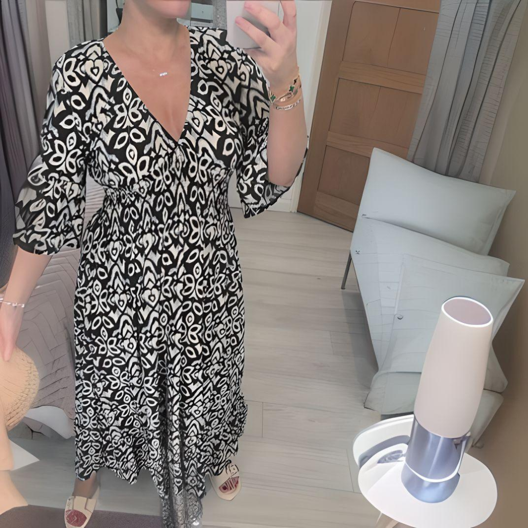 Maren | Dame mønstret boho midikjole med løs pasform