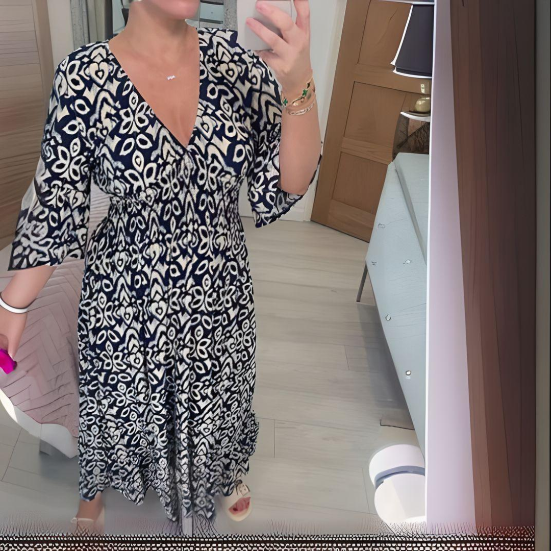 Maren | Dame mønstret boho midikjole med løs pasform