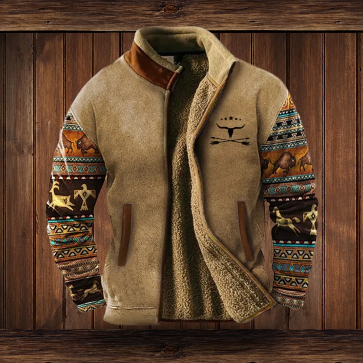 Shakira | Herren-Fleece-Outdoorjacke mit Aztekenmuster und Sherpa-Futter
