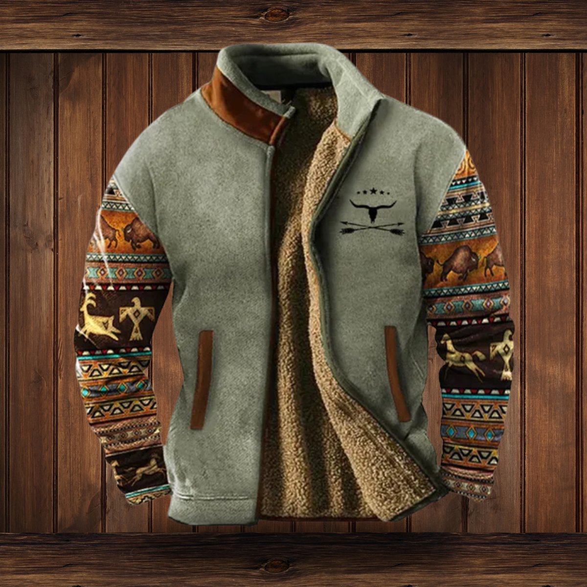 Shakira | Herren-Fleece-Outdoorjacke mit Aztekenmuster und Sherpa-Futter