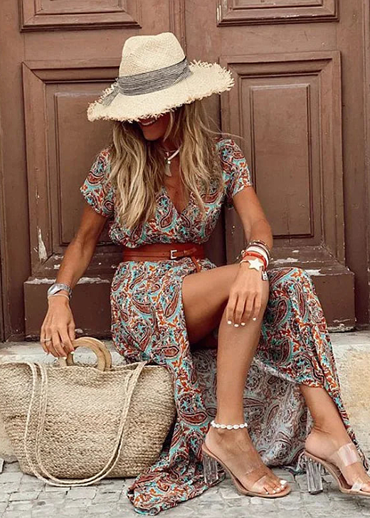 Karina | Dame boho maxikjole med print og korte ærmer
