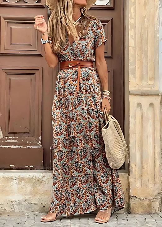 Karina | Dame boho maxikjole med print og korte ærmer