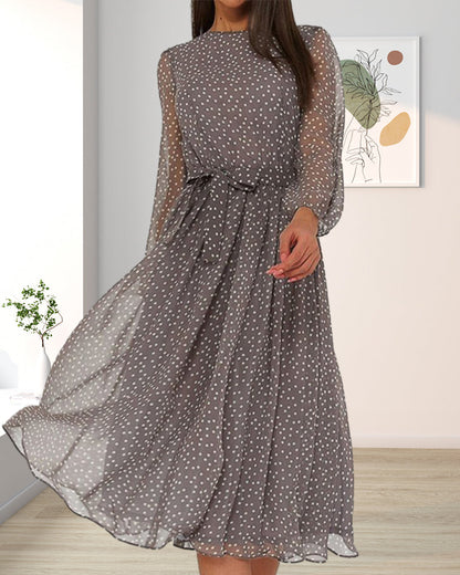 Elin | Dame elegant prikket A line kjole med lange ærmer
