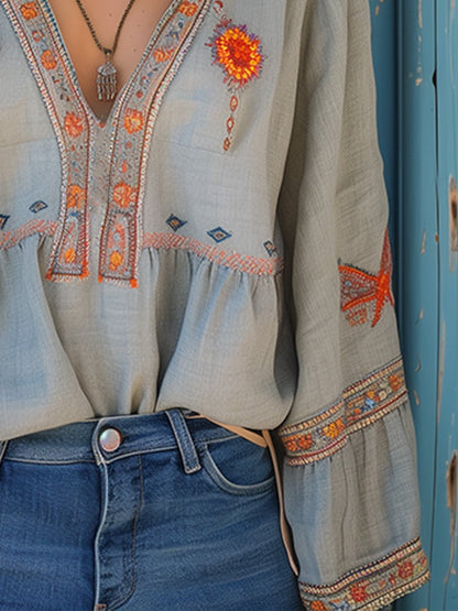 Vera | Dame boheme bluse med broderi og V-hals samt lange ærmer