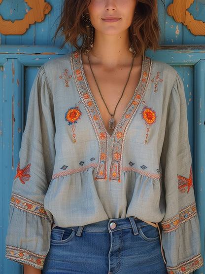 Vera | Dame boheme bluse med broderi og V-hals samt lange ærmer