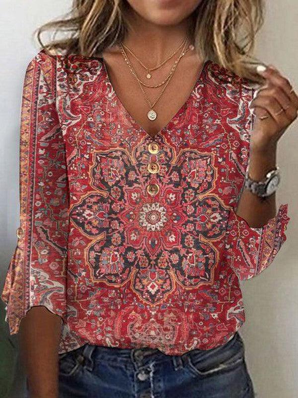 Andrea | Dame boho bluse med print og V-hals samt løs pasform