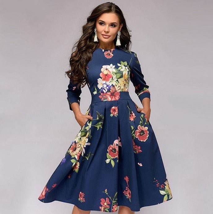 Alberte | Retro elegant midikjole med blomsterprint og lange ærmer