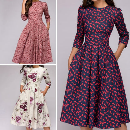 Alberte | Retro elegant midikjole med blomsterprint og lange ærmer