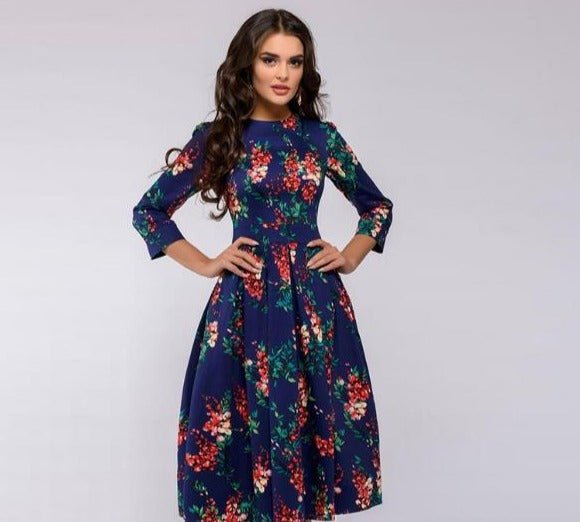 Alberte | Retro elegant midikjole med blomsterprint og lange ærmer