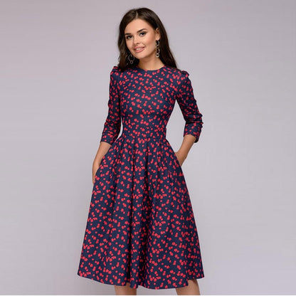 Alberte | Retro elegant midikjole med blomsterprint og lange ærmer