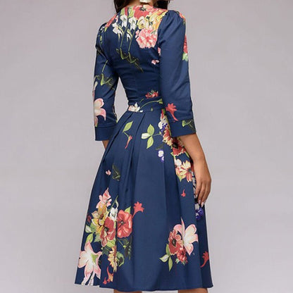 Alberte | Retro elegant midikjole med blomsterprint og lange ærmer