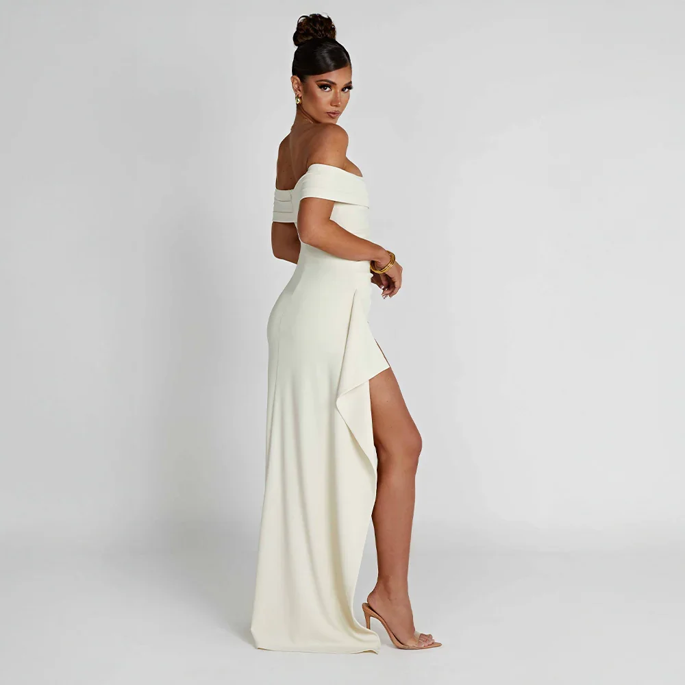 Ingeborg | Dame maxikjole med off shoulder og høj slids