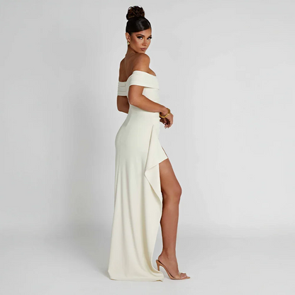 Ingeborg | Dame maxikjole med off shoulder og høj slids