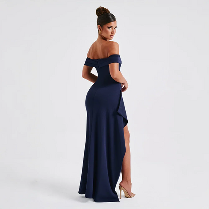 Ingeborg | Dame maxikjole med off shoulder og høj slids