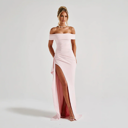 Ingeborg | Dame maxikjole med off shoulder og høj slids