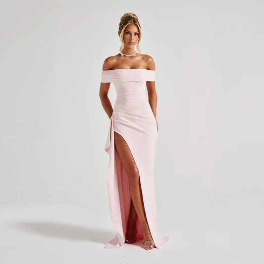 Ingeborg | Dame maxikjole med off shoulder og høj slids