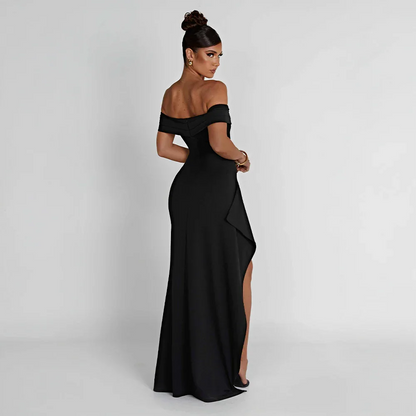 Ingeborg | Dame maxikjole med off shoulder og høj slids