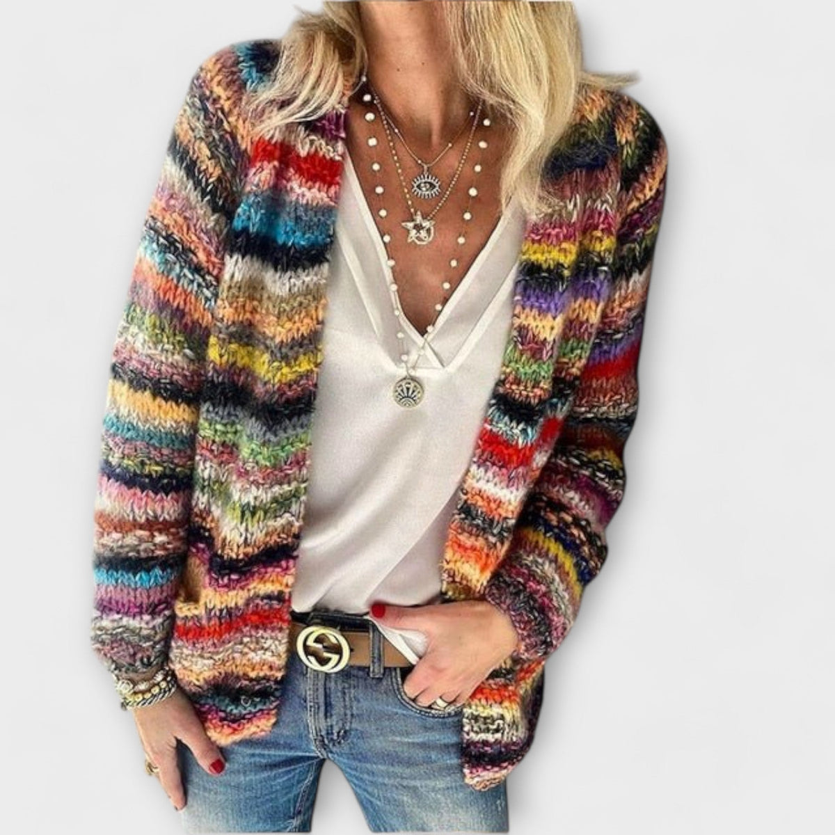 Judy | Dame flerfarvet åbentstående strikcardigan