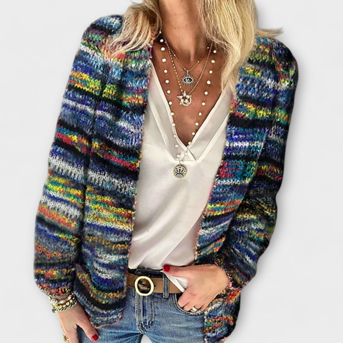 Judy | Dame flerfarvet åbentstående strikcardigan