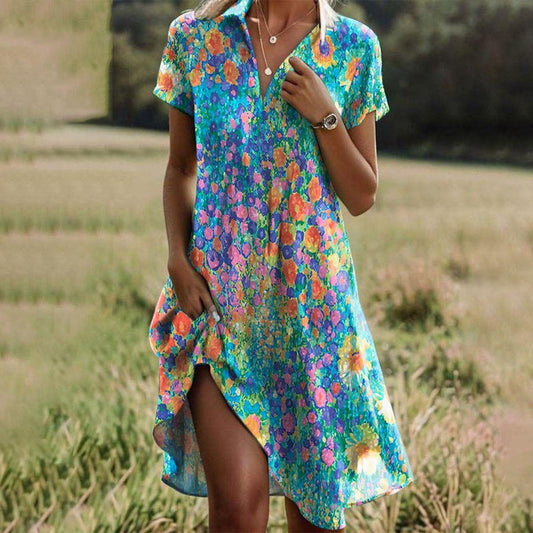 Camilla | Dame boho midikjole med print og korte ærmer