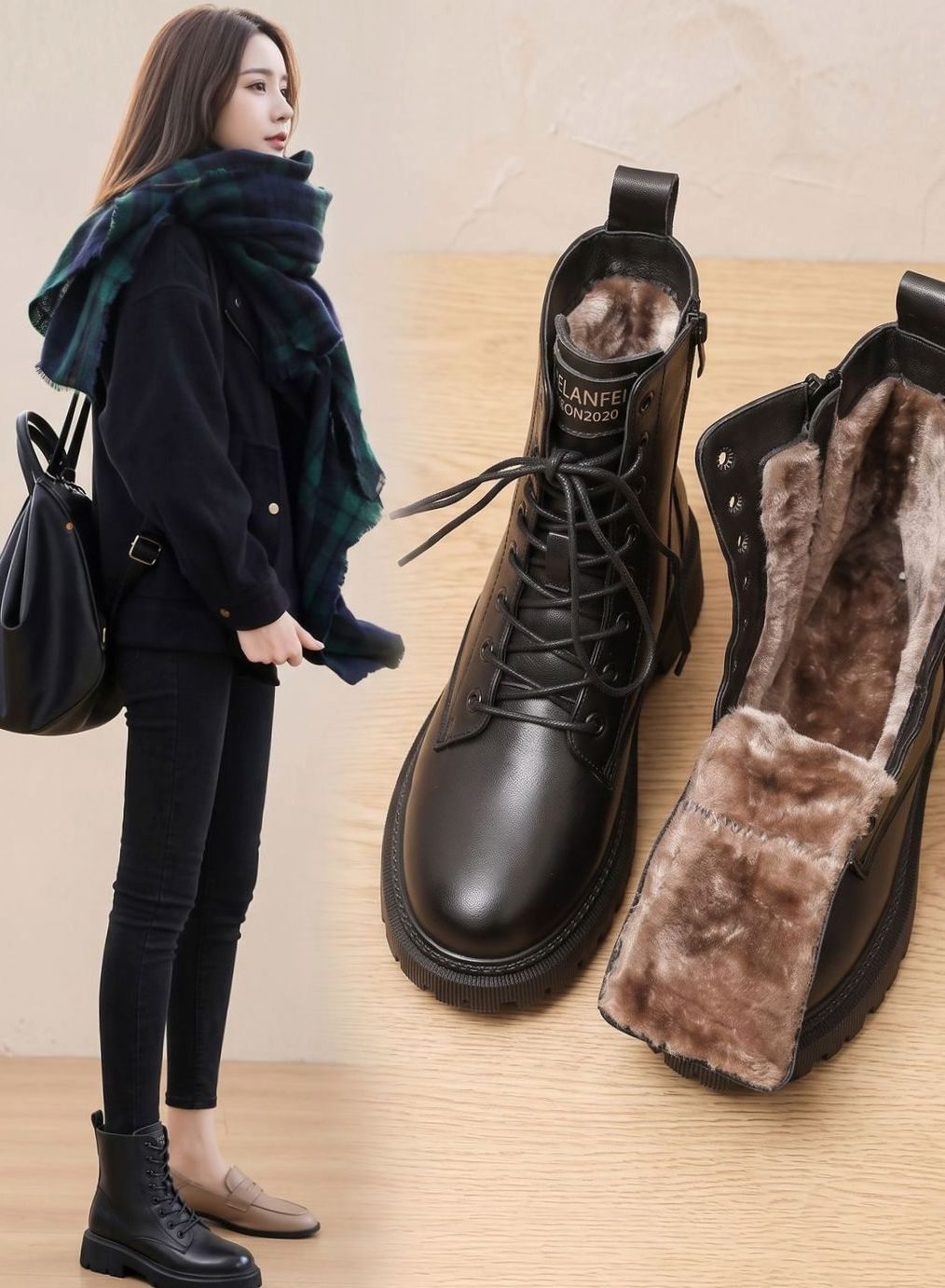 Tine | Gefütterte Schnürstiefeletten für Damen aus PU-Leder mit Reißverschluss und knöchelhohem Design