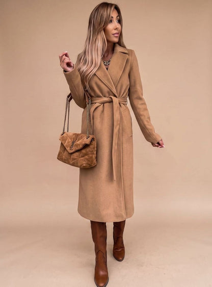 Sofia | Eleganter langer Trenchcoat für Damen mit Bindegürtel und Reverskragen