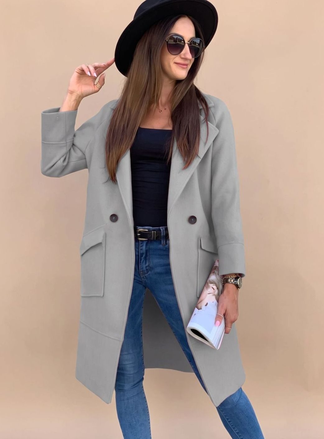 Nora | Eleganter zweireihiger Mantel für Damen mit Revers und Taschen