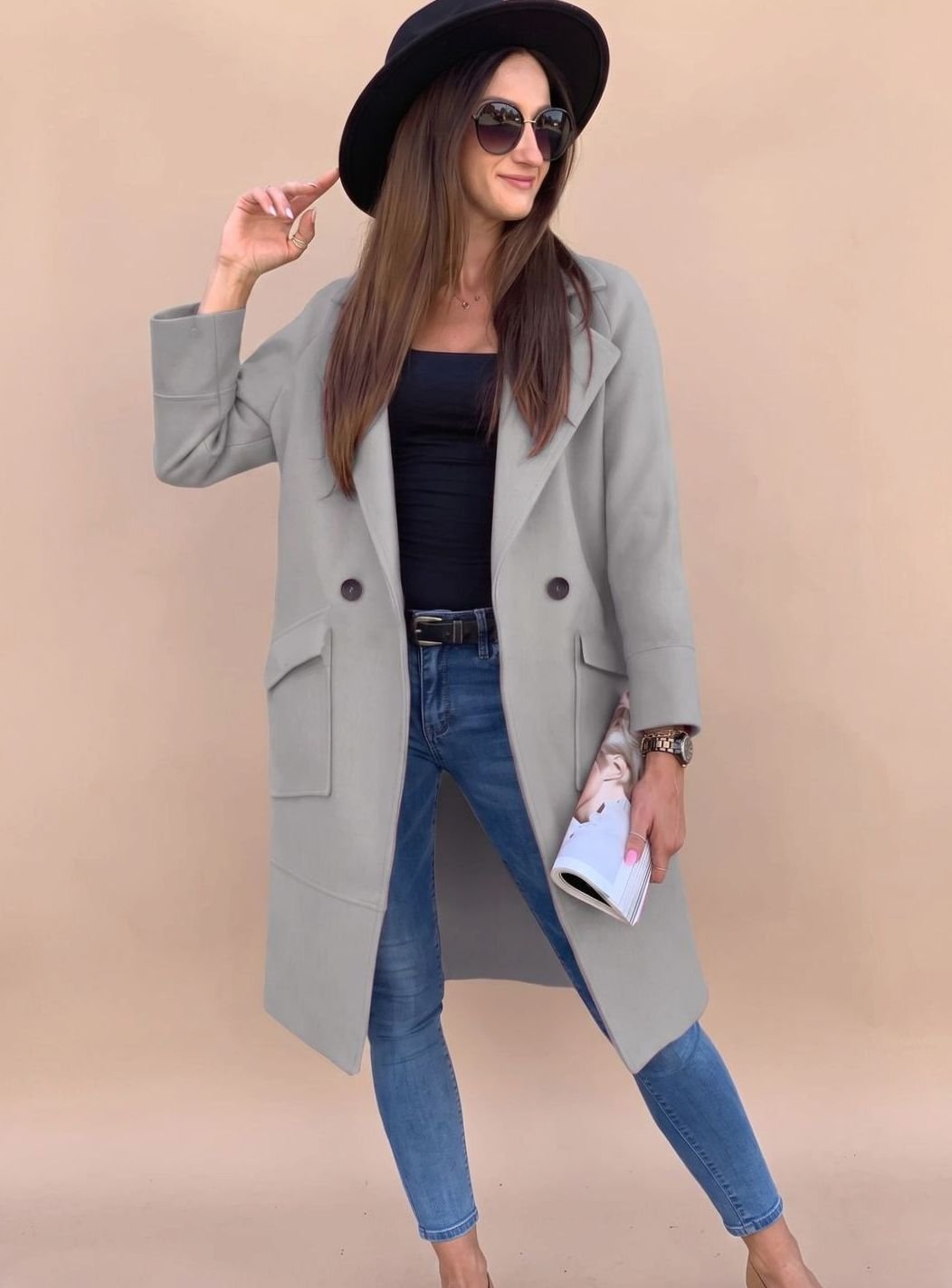 Nora | Eleganter zweireihiger Mantel für Damen mit Revers und Taschen