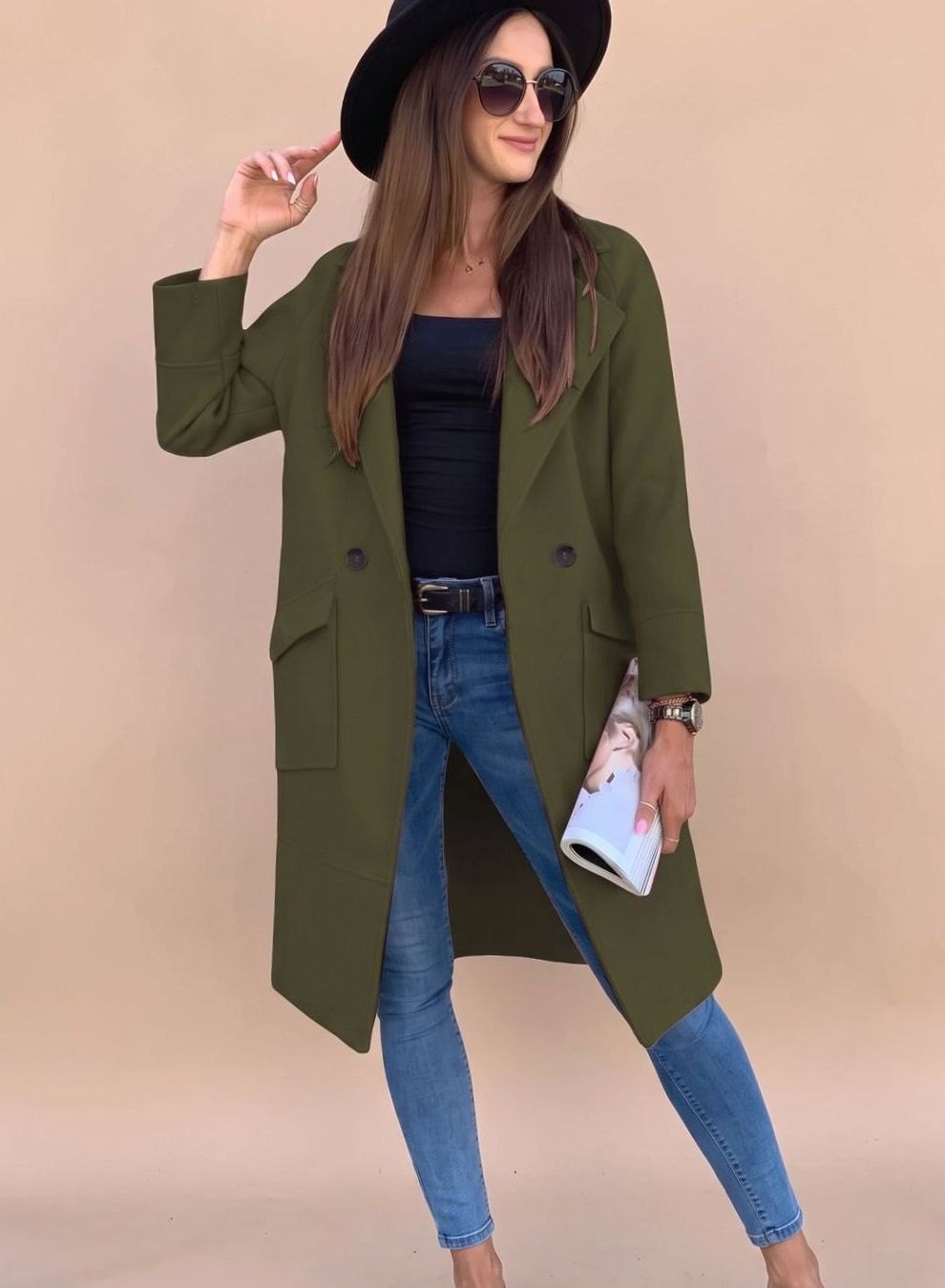 Nora | Eleganter zweireihiger Mantel für Damen mit Revers und Taschen