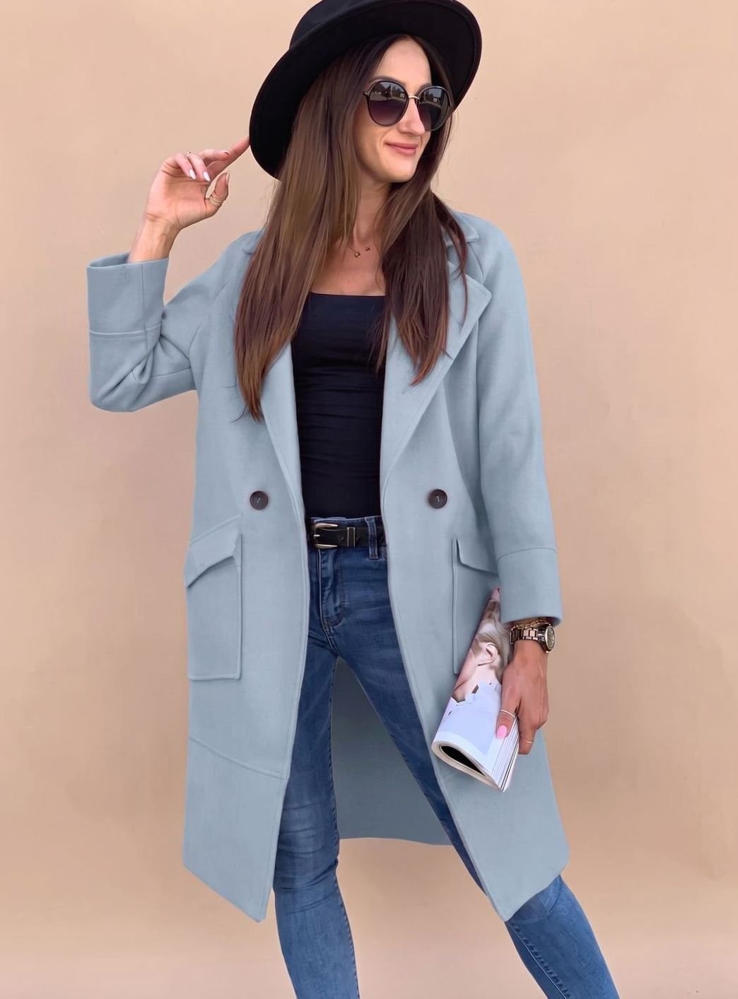 Nora | Eleganter zweireihiger Mantel für Damen mit Revers und Taschen