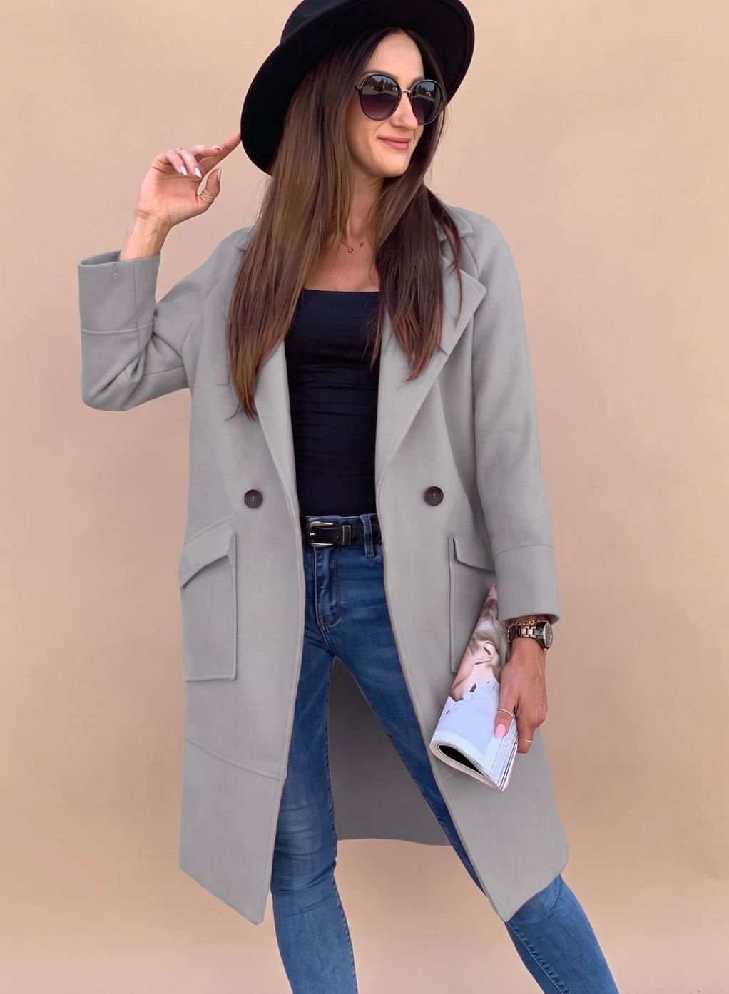Nora | Eleganter zweireihiger Mantel für Damen mit Revers und Taschen