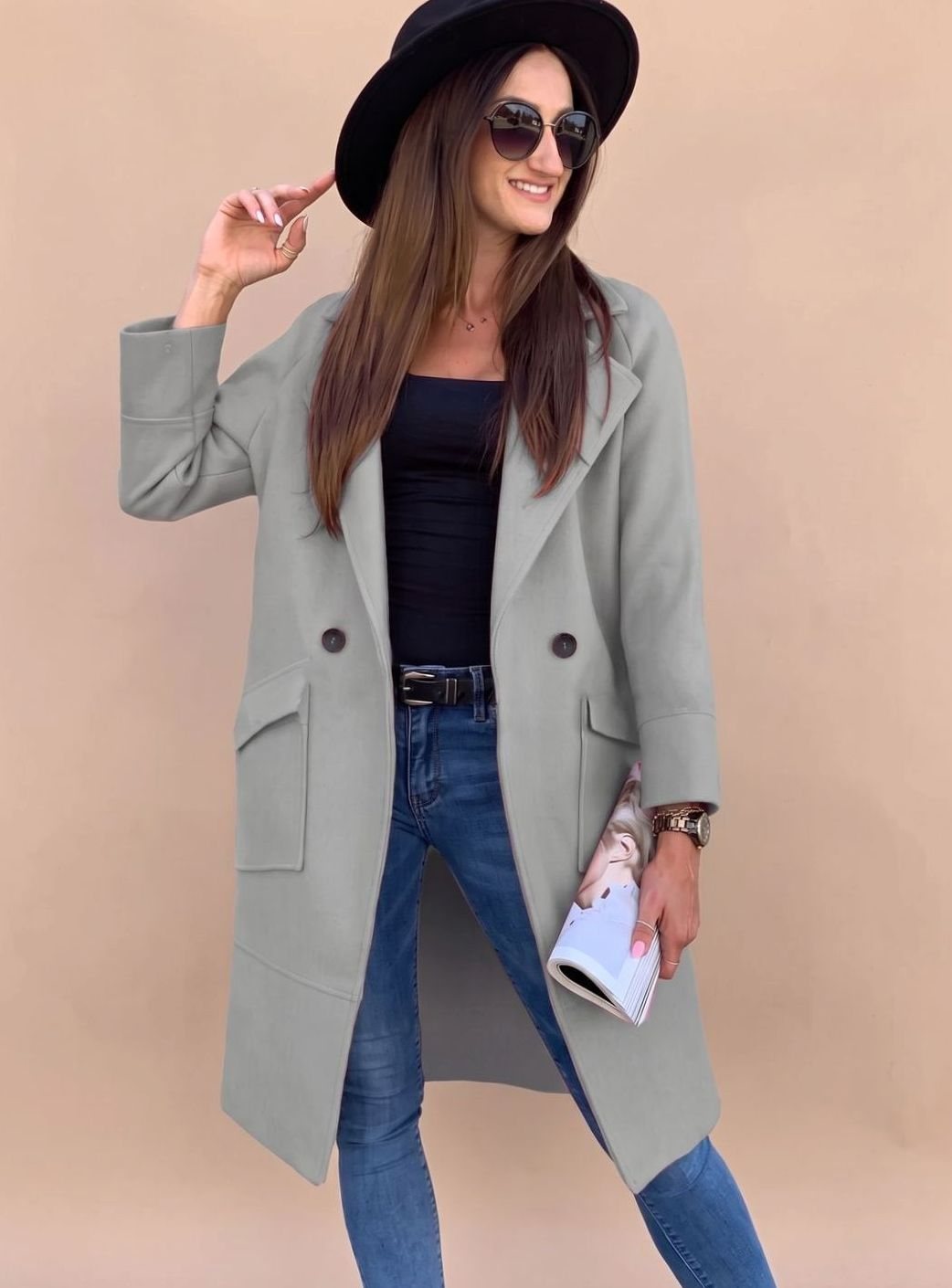 Nora | Eleganter zweireihiger Mantel für Damen mit Revers und Taschen