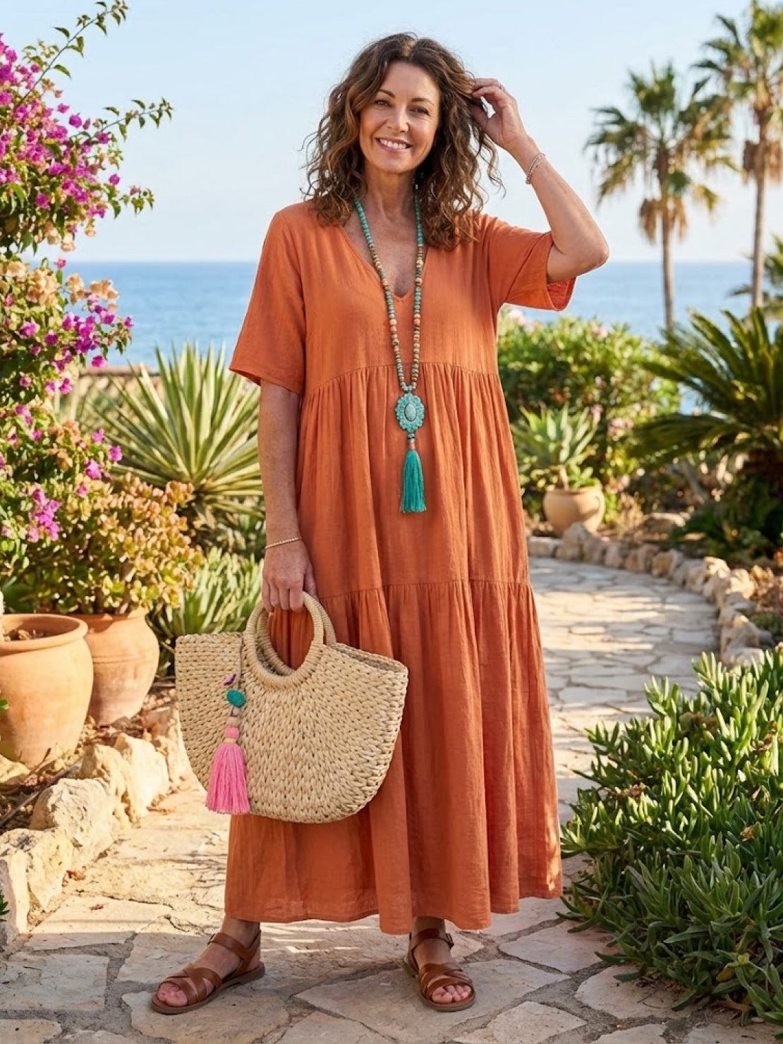 Lotte | Dame boho maxikjole med lagdelt skørt og V udskæring
