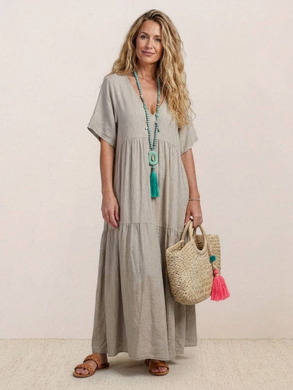 Lotte | Dame boho maxikjole med lagdelt skørt og V udskæring
