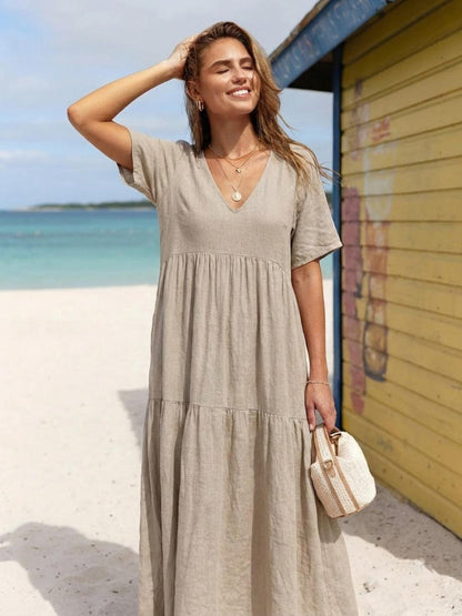 Lotte | Dame boho maxikjole med lagdelt skørt og V udskæring